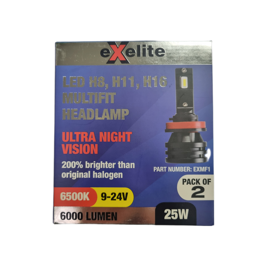 Exelite Multifit LED Headlamp Globes (H8, H11, H16) - Pack of 2